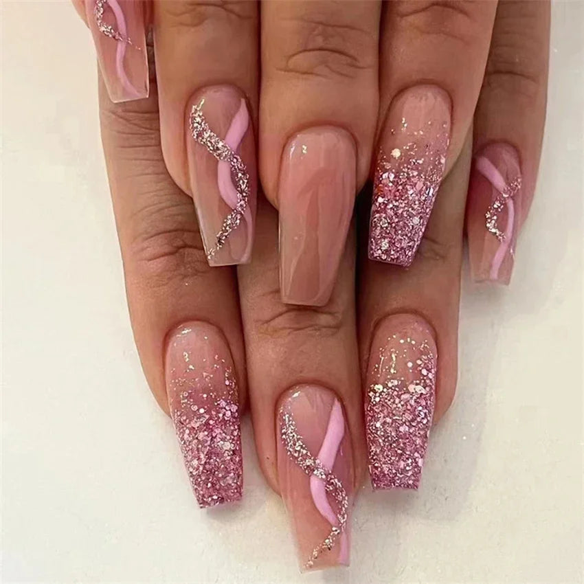 24Pcs Medium Long Acrylic Fake Nails Art Cool Spice Girls Wearing False Nails Set Press on Nail Tips Removable French Nails Fake