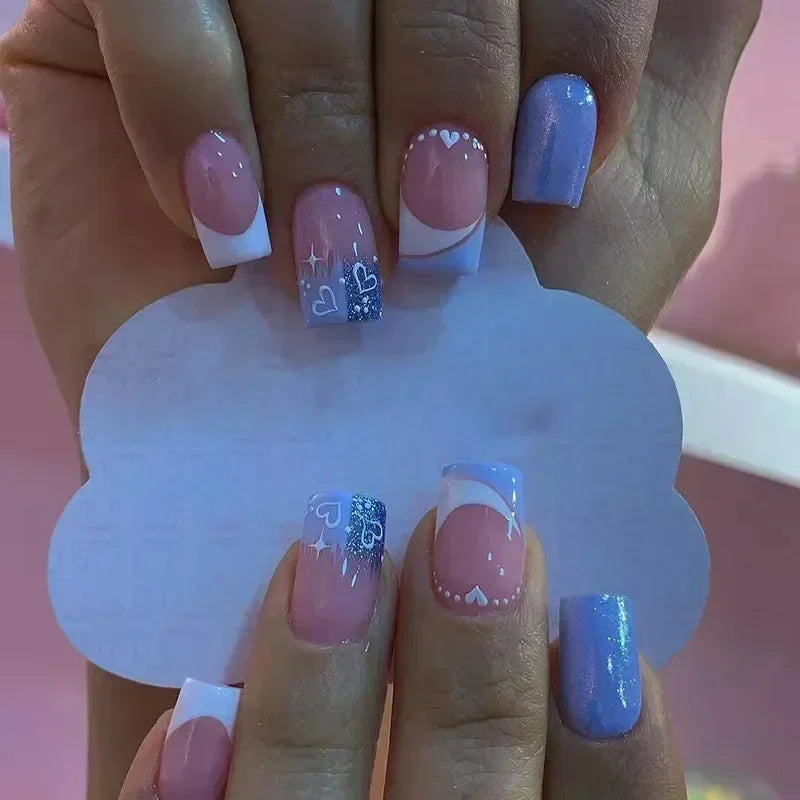 24Pcs Short Square Press on Nails Gradient Glitter False Nails French Tip Lines Acrylic Nails Full Cover Wearable Fake Nail Tips