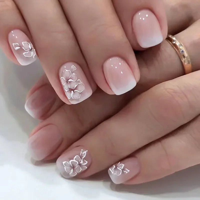 24PCS Shiny Pearl Wearable False Nails Short Square Fake Nail Simple Press on Nails Detachable Full Cover Nail Tips With Glue
