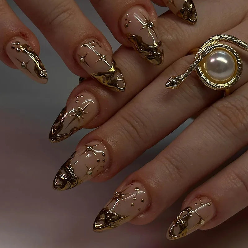 24Pcs Simple French Fake Nails with Almond Head Design Detachable 3D Irregular Star Pattern Press on False Nails Manicure Tools