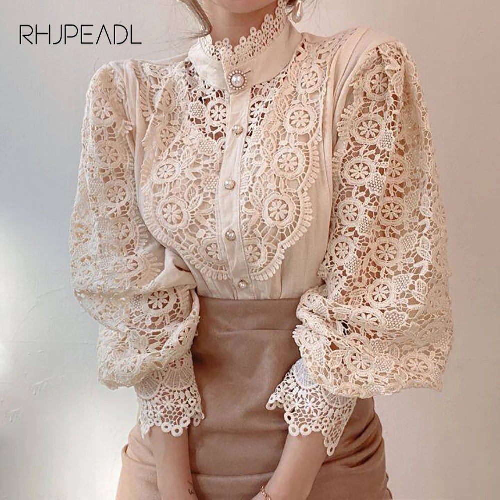 Autumn Elegant Lace Office Shirt Women's Blouse Long Sleeve Button Up Blouses Tops 2023 Spring Fashion Casual Ladies Shirts Top