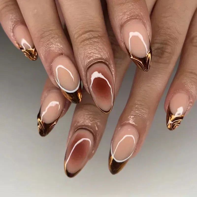 24Pcs French Gold Edge Wearable Almond Press on Fake Nails Simple Pearl Decoration False Nails with Glue Full Over Manicure Tips