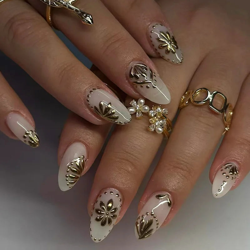 24Pcs Simple French Fake Nails with Almond Head Design Detachable 3D Irregular Star Pattern Press on False Nails Manicure Tools