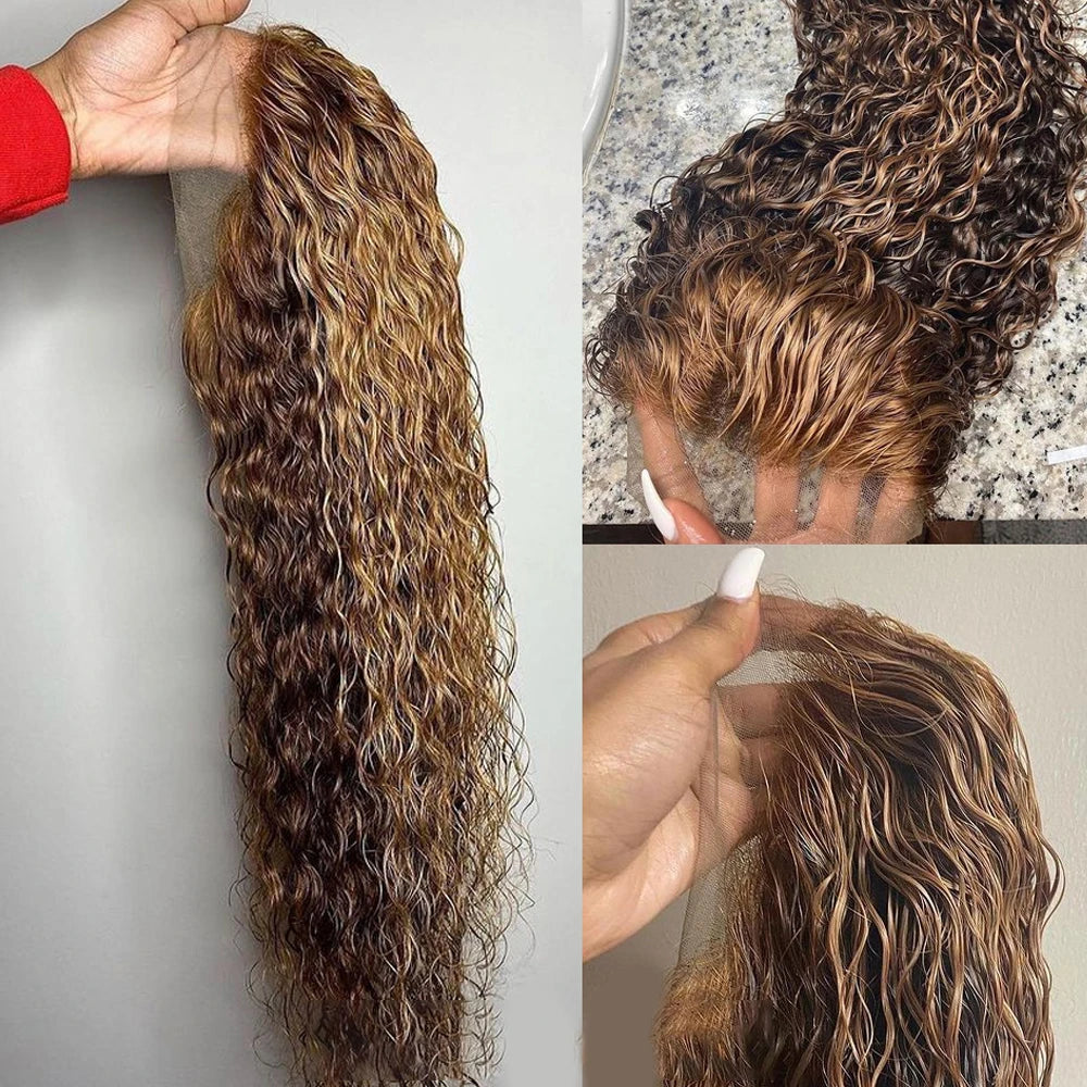 30 Inch Highlight Ombre 13x6 Hd Lace Frontal Wig Water Curly Human Hair Wigs 13x4 Hd Transparent Deep Wave Lace Frontal Wig