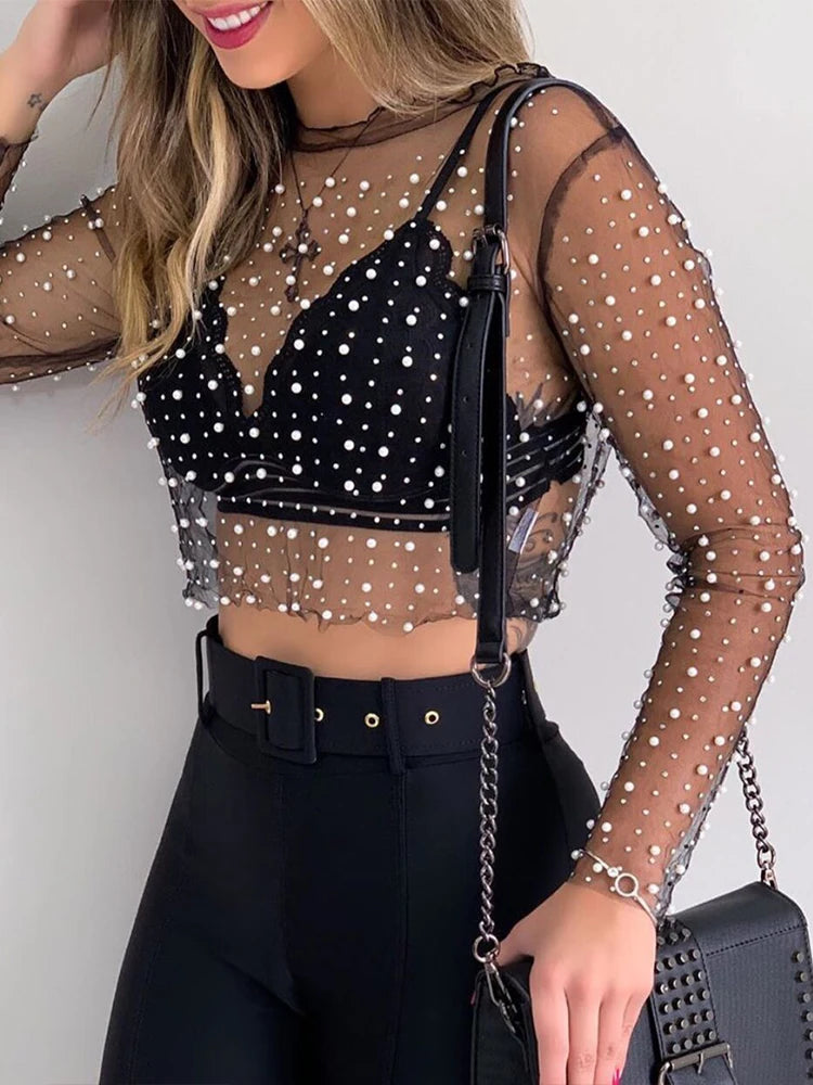 2023 Women Transparent O-Neck Long Sleeve Sexy Lace Mesh Shirt Club Party Tops Ladies Spring Pearl Beading Blouse Blusas