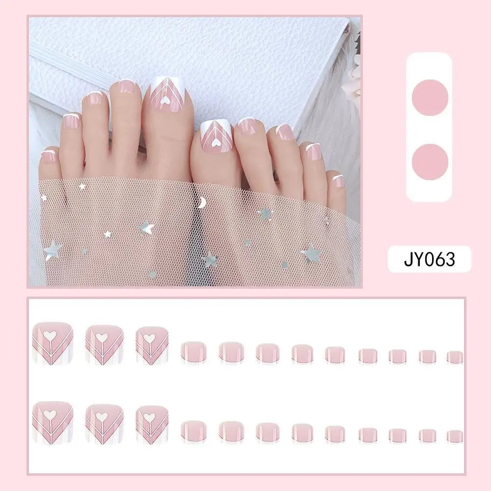 24 Pcs French Design Fake Toe Nail Press on Toe Nail Summer False Nails Acrylic Reusable Toe Nail Decorated Nails With Tool Kit