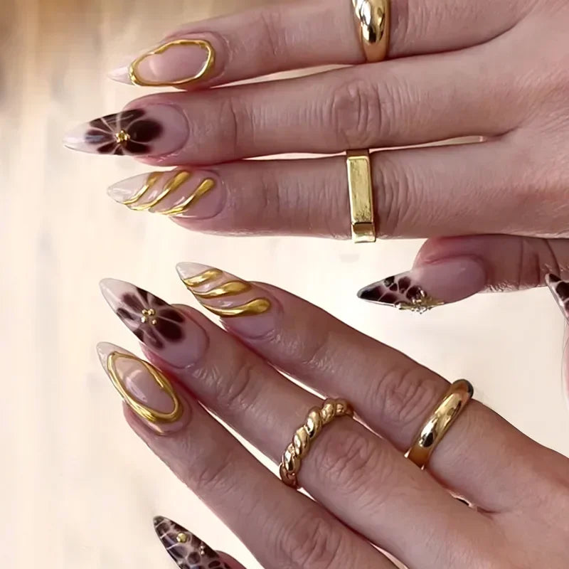 24Pcs French Gold Edge Wearable Almond Press on Fake Nails Simple Pearl Decoration False Nails with Glue Full Over Manicure Tips