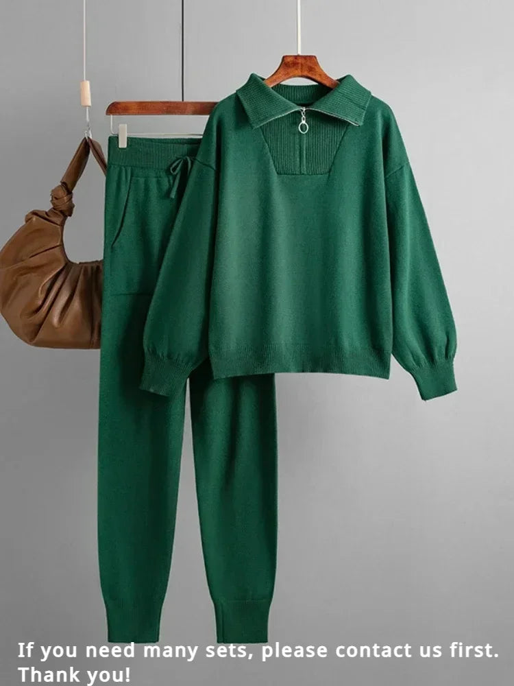 Winter Women's Knitted Suit Warm Pant 2 Piece Sets Women Outfit Trouser Oversized Casual Sweaters Jogging Knitwear Tracksuit