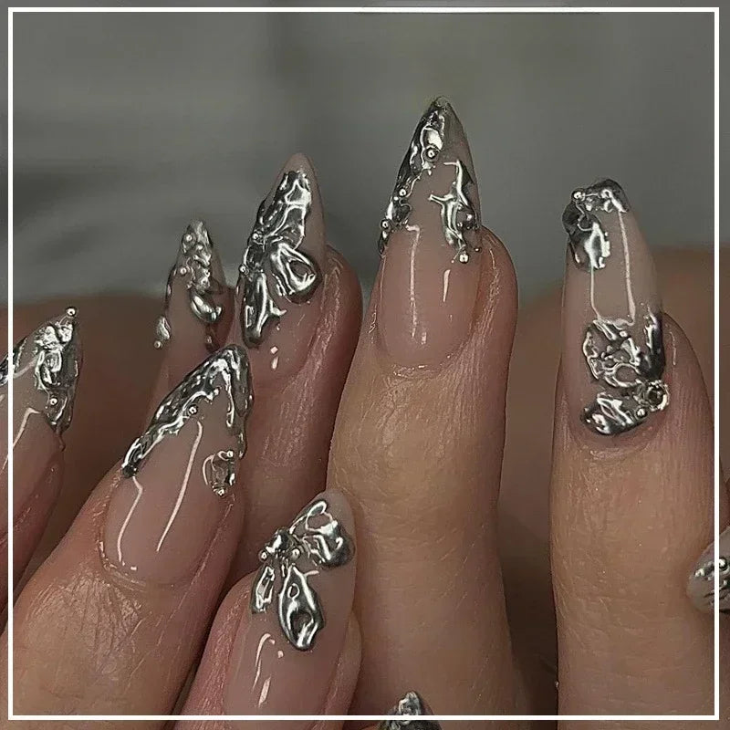 24Pcs French Gold Edge Wearable Almond Press on Fake Nails Simple Pearl Decoration False Nails with Glue Full Over Manicure Tips