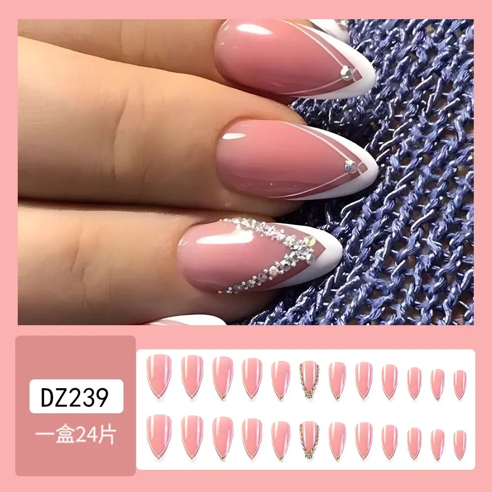 24Pcs French Gold Edge Wearable Almond Press on Fake Nails Simple Pearl Decoration False Nails with Glue Full Over Manicure Tips