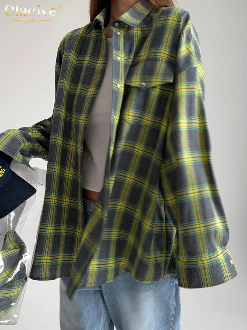 Clacive Vintage Loose Plaid Women'S Shirt Fashion Lapel Long Sleeve Office Lady Shirts And Blouses Tops Female Clothing 2023