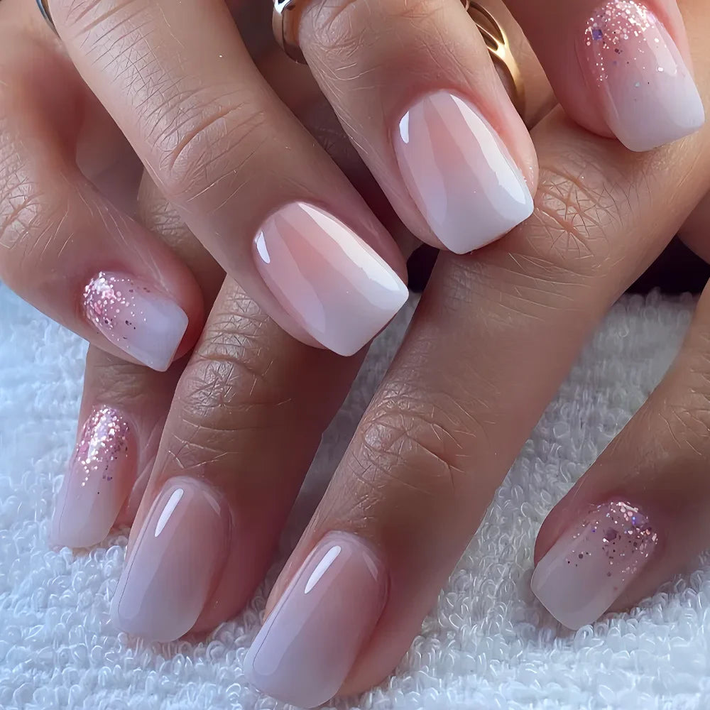 24Pcs Short Square Press on Nails Gradient Glitter False Nails French Tip Lines Acrylic Nails Full Cover Wearable Fake Nail Tips