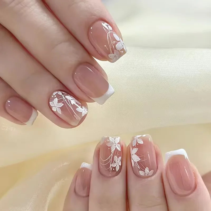 24PCS Shiny Pearl Wearable False Nails Short Square Fake Nail Simple Press on Nails Detachable Full Cover Nail Tips With Glue