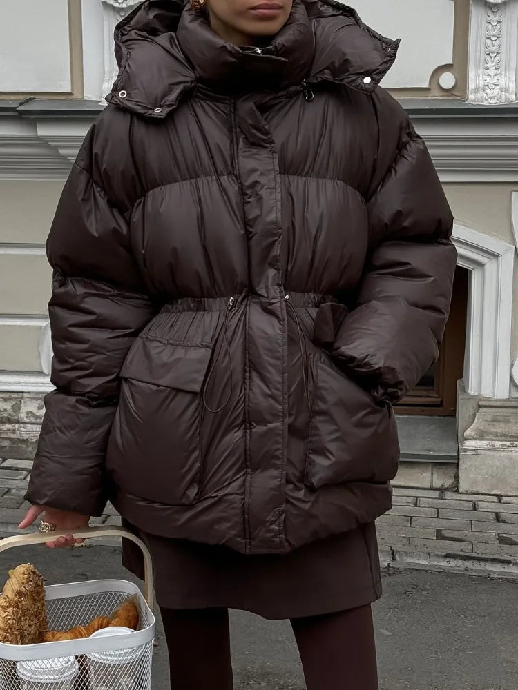 Women Fashion Stand Collar Zipper With Hat Cotton Coats Casual Solid Full Sleeve Pocket Warm Jacket 2024 New Winter Streetwear