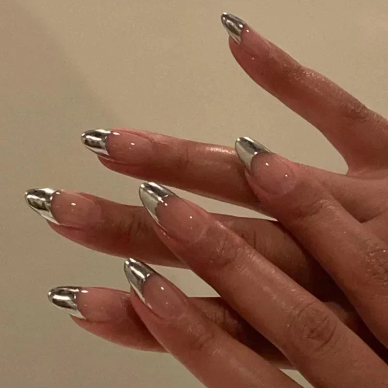 24Pcs French Gold Edge Wearable Almond Press on Fake Nails Simple Pearl Decoration False Nails with Glue Full Over Manicure Tips