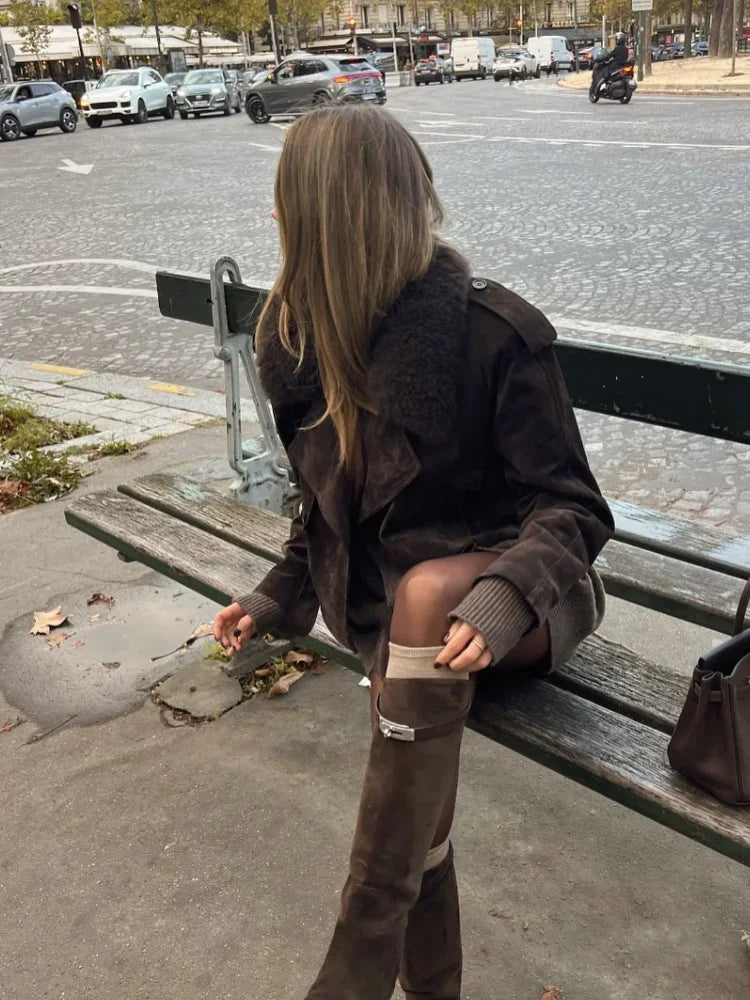 Vintage Brown Faux Fur Collar Suede Short Women's Jacket Fashion Lace Up Long Sleeve Cropped Coats Winter Female 2024 Streetwear