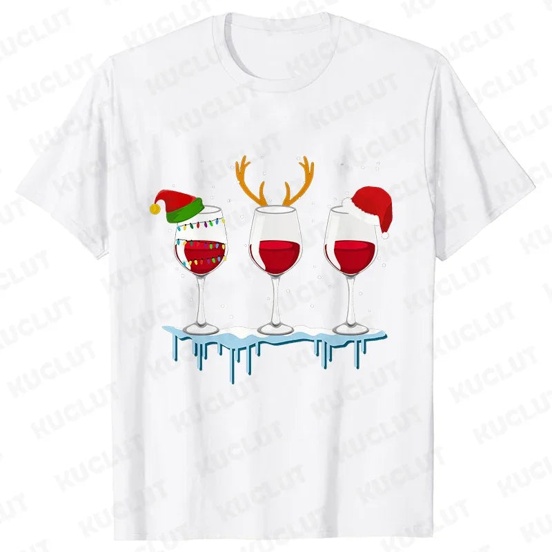 Christmas Wine T Shirts for Women Clothing Funny Cartoon T-shirts Kawaii Fashion Tshirt Korean Female Tops Christmas Wine Tees