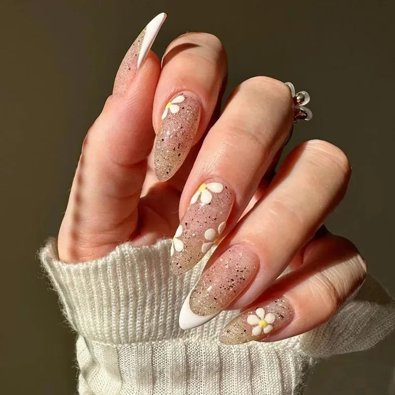 24Pcs French Gold Edge Wearable Almond Press on Fake Nails Simple Pearl Decoration False Nails with Glue Full Over Manicure Tips