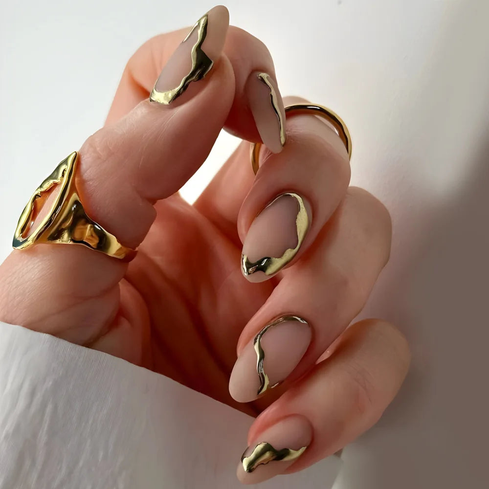 24Pcs Golden French Fake Nail with Almond Head Design Simple Oval False Nails Wearable Press on Nails Full Cover Nail Tips