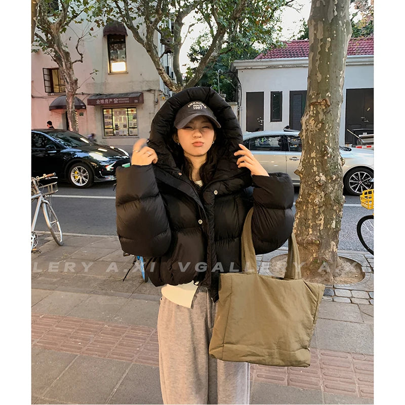 Women Jacket Short Hooded Down Jacket 2024 Winter Coat Korean Fashion Thick Warm Parkas Loose White Duck Pink Outwear