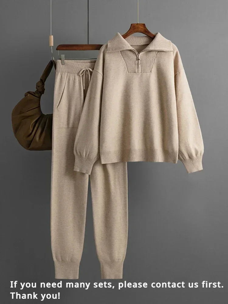 Winter Women's Knitted Suit Warm Pant 2 Piece Sets Women Outfit Trouser Oversized Casual Sweaters Jogging Knitwear Tracksuit