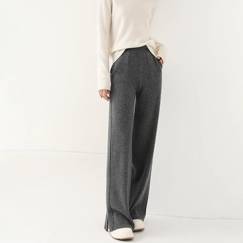 2024 new wool women's pants, high waisted loose cashmere floor pants knitted fashionable hot selling women's wide leg pants