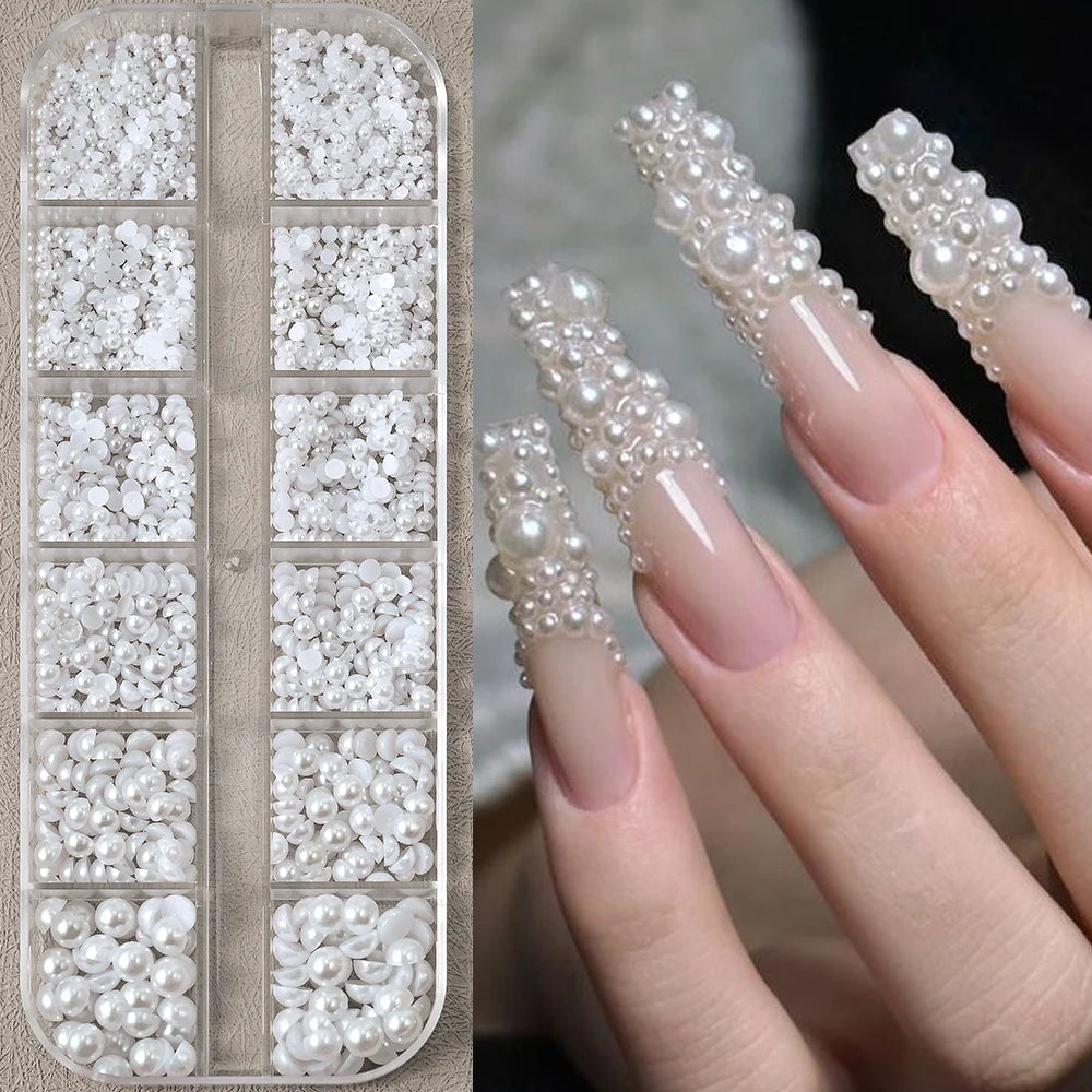12grids Half Round Pearls Beads 3D Nail Charms 1.5/2/2.5/3/4/5mm White Flatback Pearls Nail Jewelry Nail Craft Pearl Rhinestones
