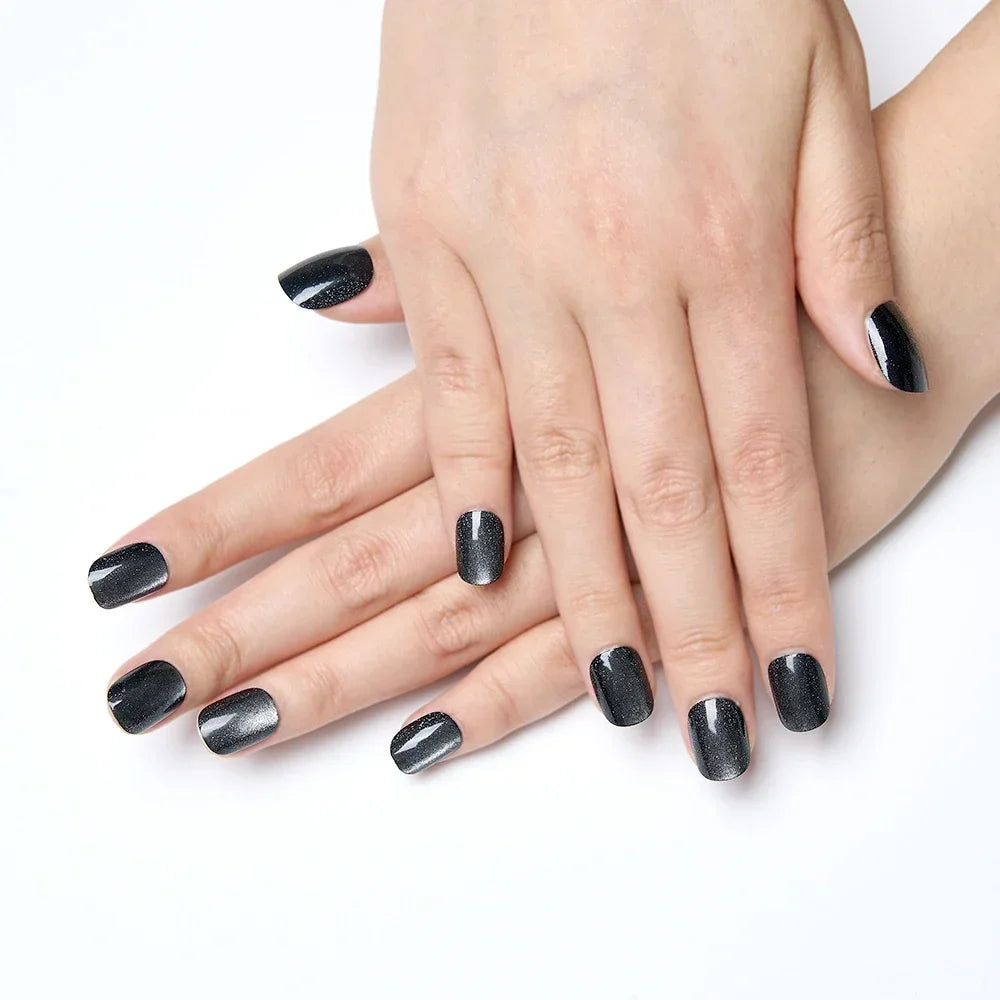 10Pcs Black Glitter Cat Eye Press-On Nails Set Reusable Square Acrylic Fake Nails with Glue for Women&Girls Daily Wear Nail Tips