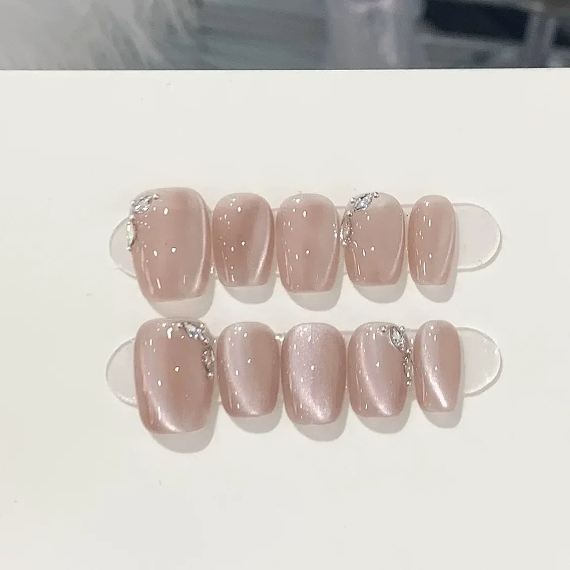 10PCS Pink Cat Eye Handmade Press On Nails Square Head Fake Nails Diamond Designs Full Cover Nail Art Tips Wearable False Nails