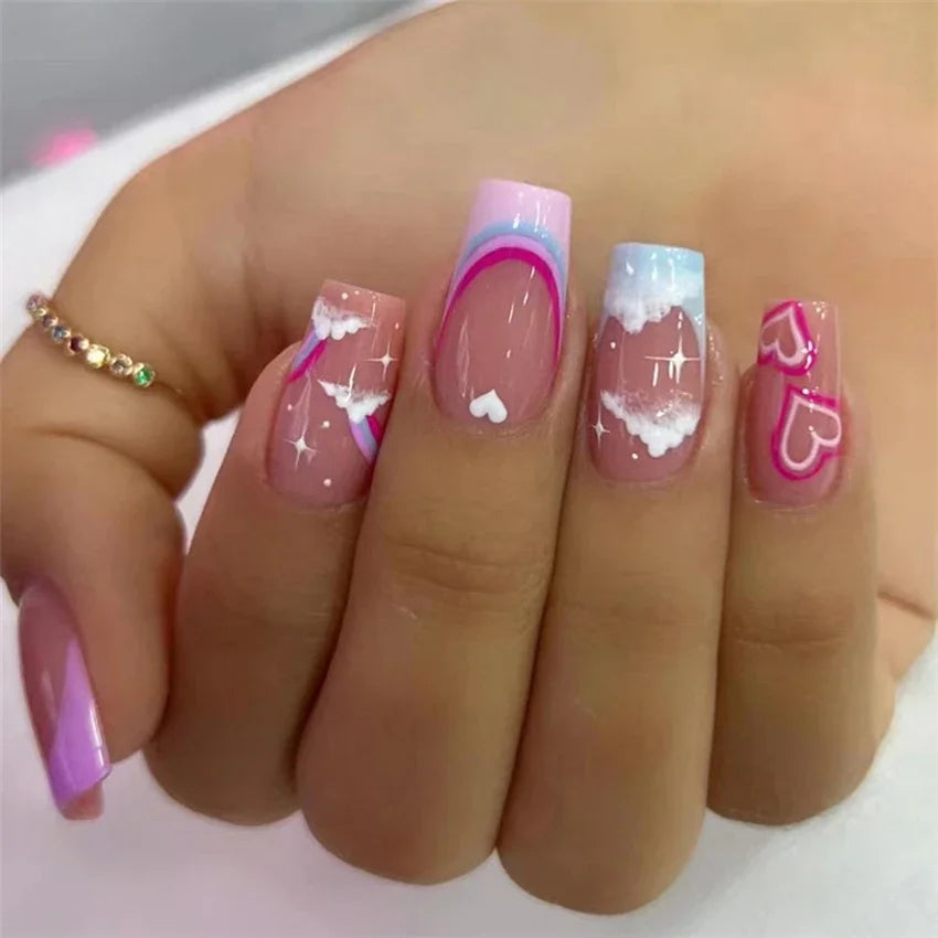 24Pcs Medium Long Acrylic Fake Nails Art Cool Spice Girls Wearing False Nails Set Press on Nail Tips Removable French Nails Fake