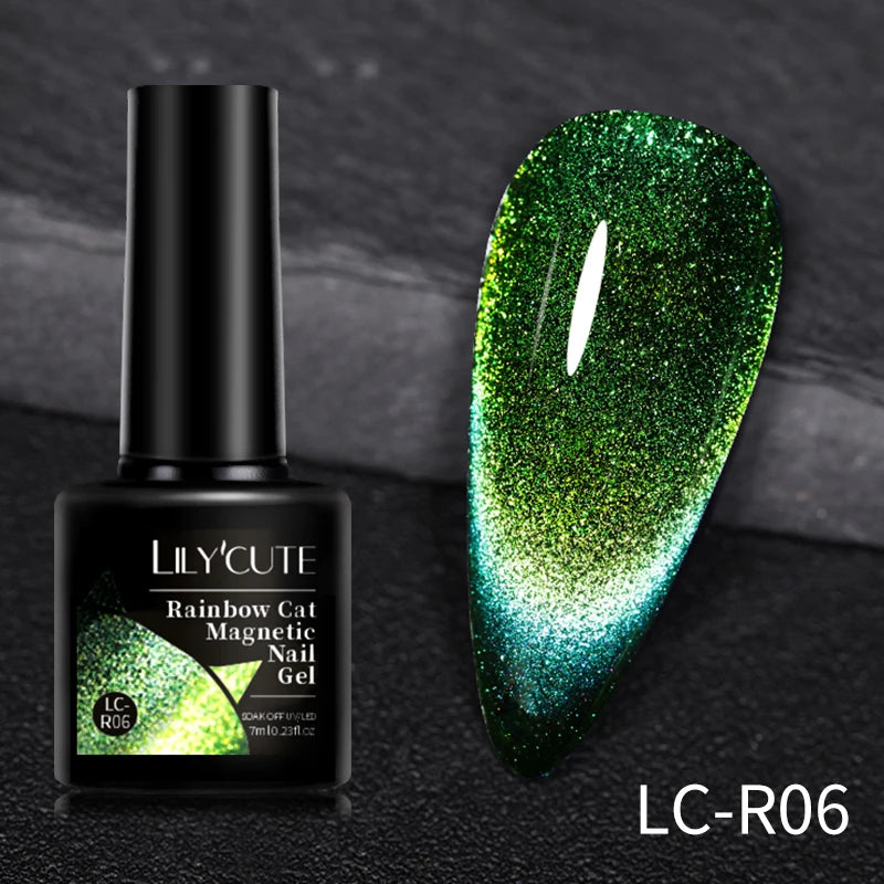 LILYCUTE 9D Rainbow Glitter Cat Magnetic Nail Gel Polish Snowlight Semi Permanent Soak Off Sparkling Nail Varnish