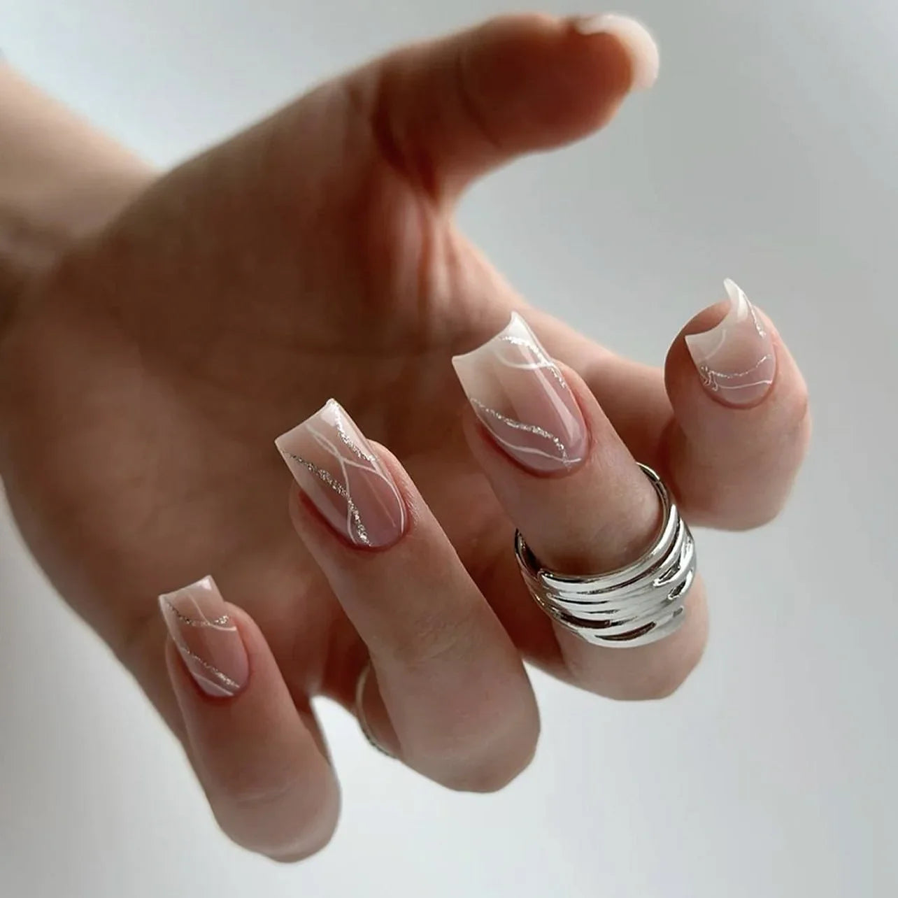24Pcs Short Square Press on Nails Gradient Glitter False Nails French Tip Lines Acrylic Nails Full Cover Wearable Fake Nail Tips