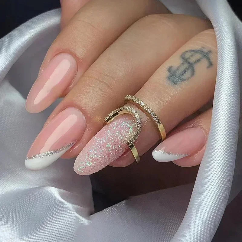 24Pcs French Gold Edge Wearable Almond Press on Fake Nails Simple Pearl Decoration False Nails with Glue Full Over Manicure Tips