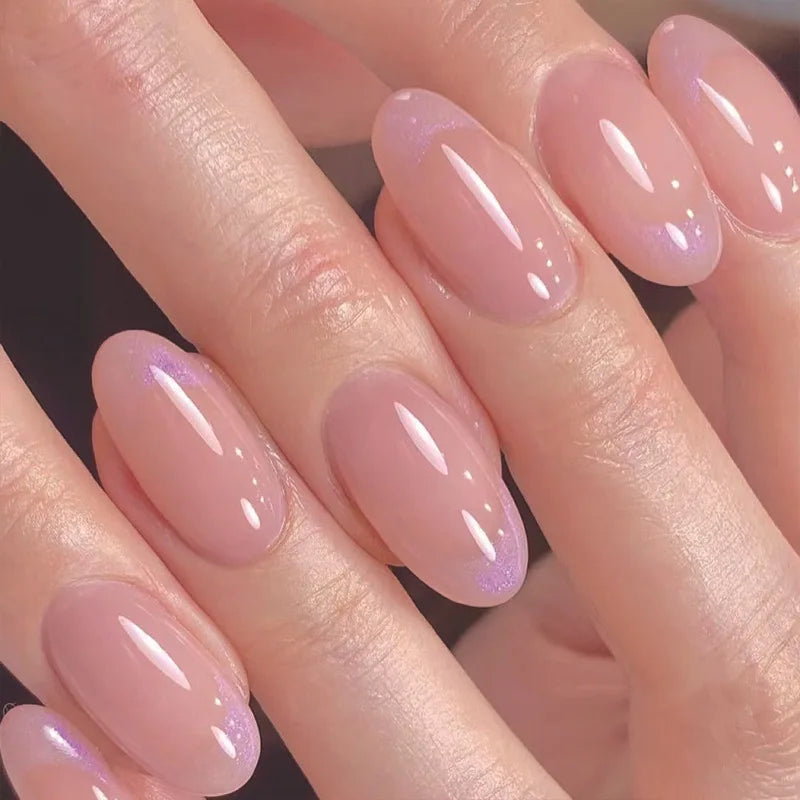 24pcs French Simple Fake Nails Ins White Edge Nude Color False Nail Tips Almond Stick on Nail Patch for Girl Lady Manicure Tools
