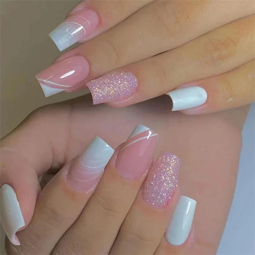 24Pcs Medium Long Acrylic Fake Nails Art Cool Spice Girls Wearing False Nails Set Press on Nail Tips Removable French Nails Fake