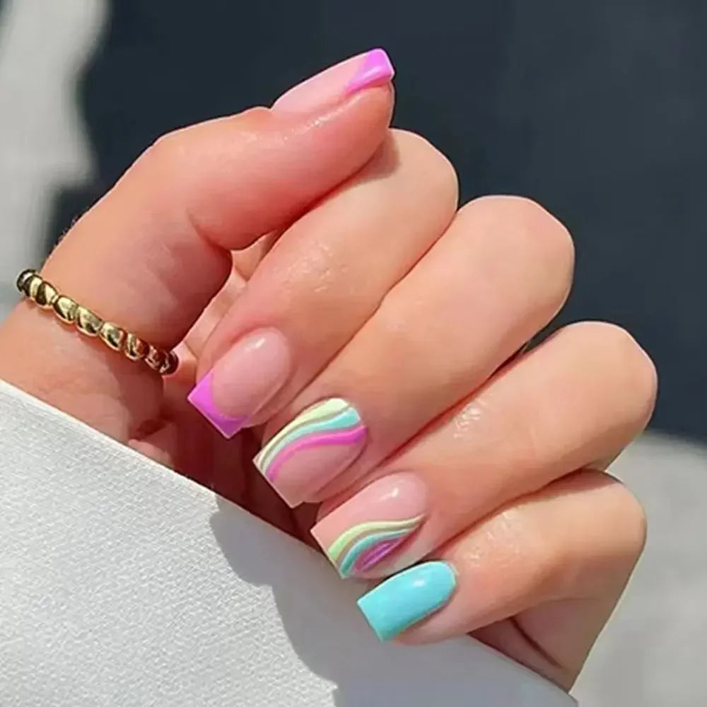 24PCS Shiny Pearl Wearable False Nails Short Square Fake Nail Simple Press on Nails Detachable Full Cover Nail Tips With Glue