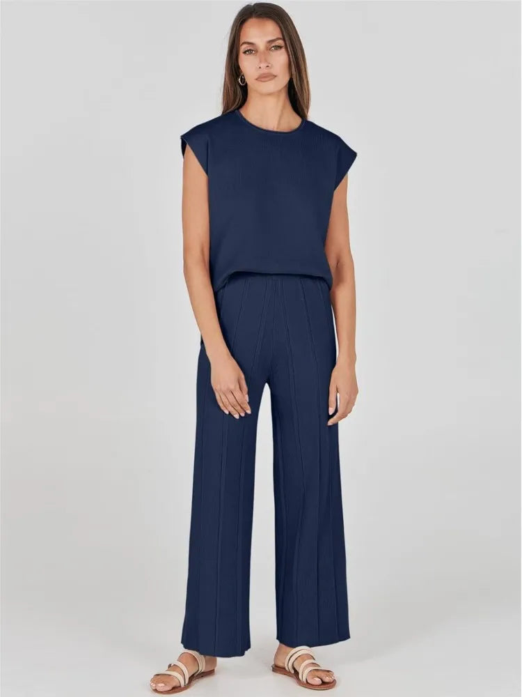 2 Piece Sets Women Outfit Sleeveless Casual T Shrit Top Knitted Vest Wide-leg Pants Ice Summer New Solid Color Casual Outfit