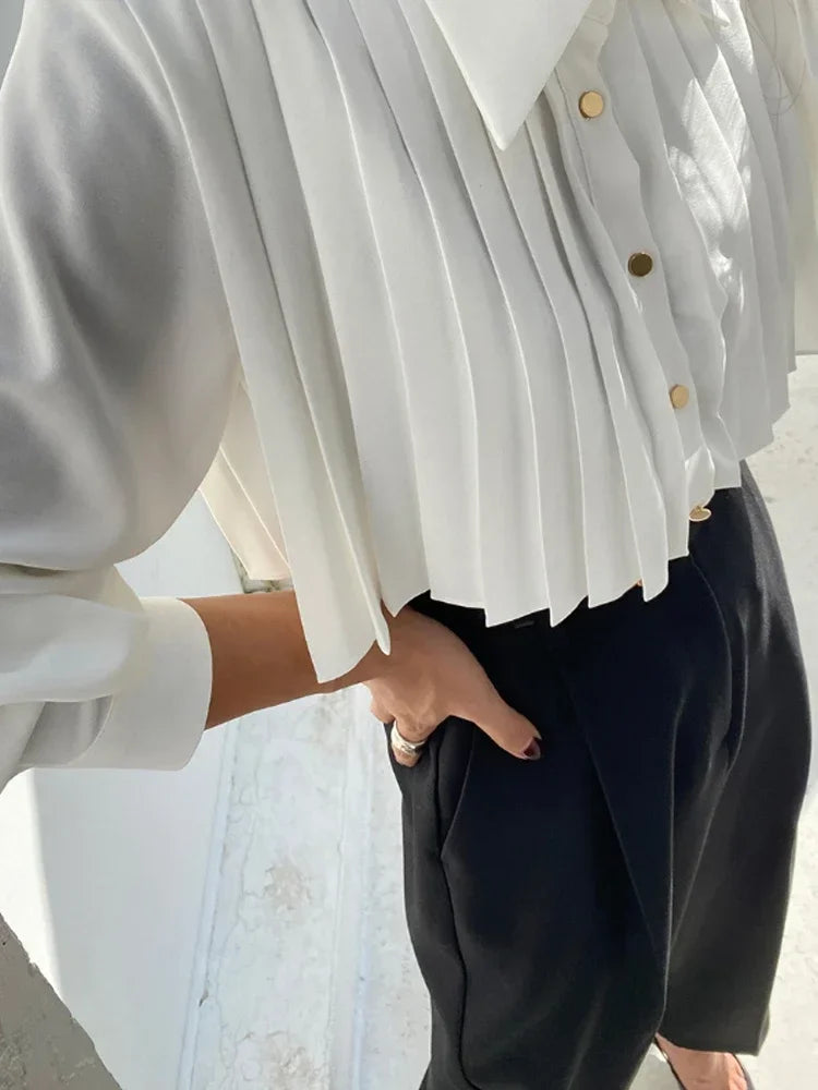2025 Camisas De Mujer Korean Blouses for Women Temperament Single Breasted White Shirts Crop Tops Autumn Pleated Vintage Blouse