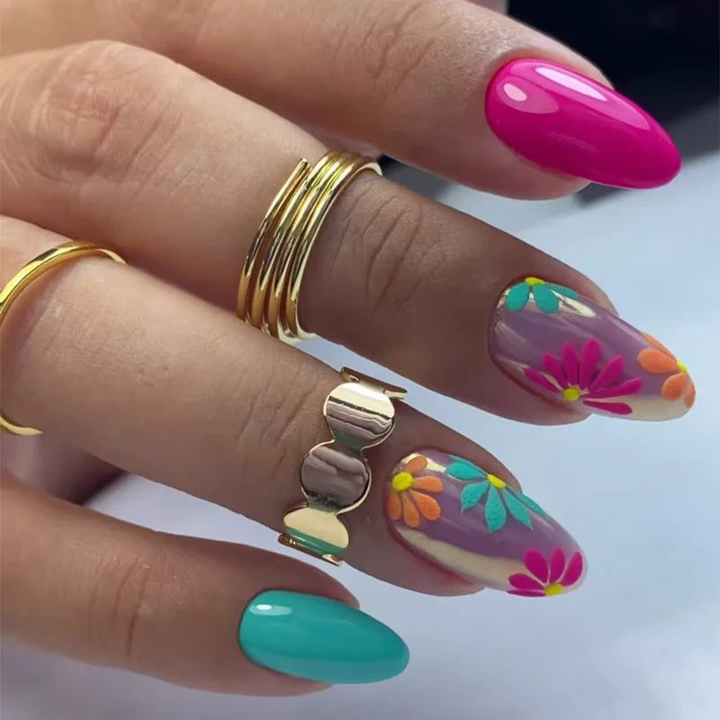 24Pcs Autumn Winter Matte Almond False Nails with Glue Rose Leaf Printing Nail Art Simple Full Cover Press on Acrylic Nails Tips