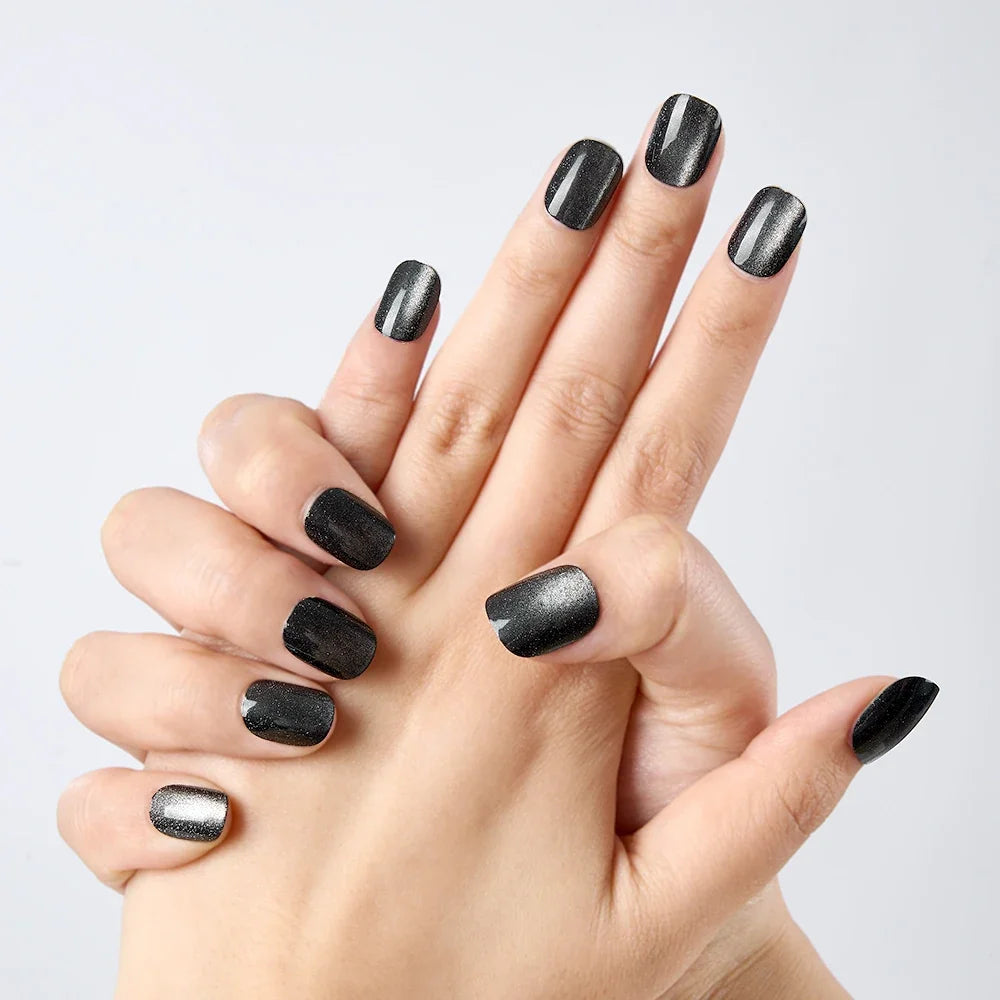 10Pcs Black Glitter Cat Eye Press-On Nails Set Reusable Square Acrylic Fake Nails with Glue for Women&Girls Daily Wear Nail Tips