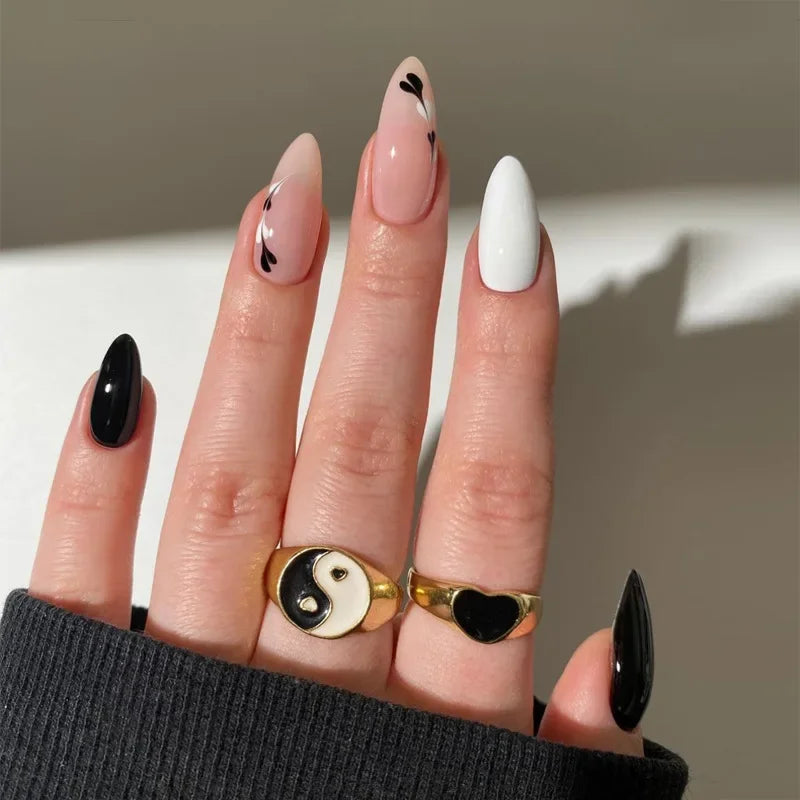 24Pcs French Gold Edge Wearable Almond Press on Fake Nails Simple Pearl Decoration False Nails with Glue Full Over Manicure Tips
