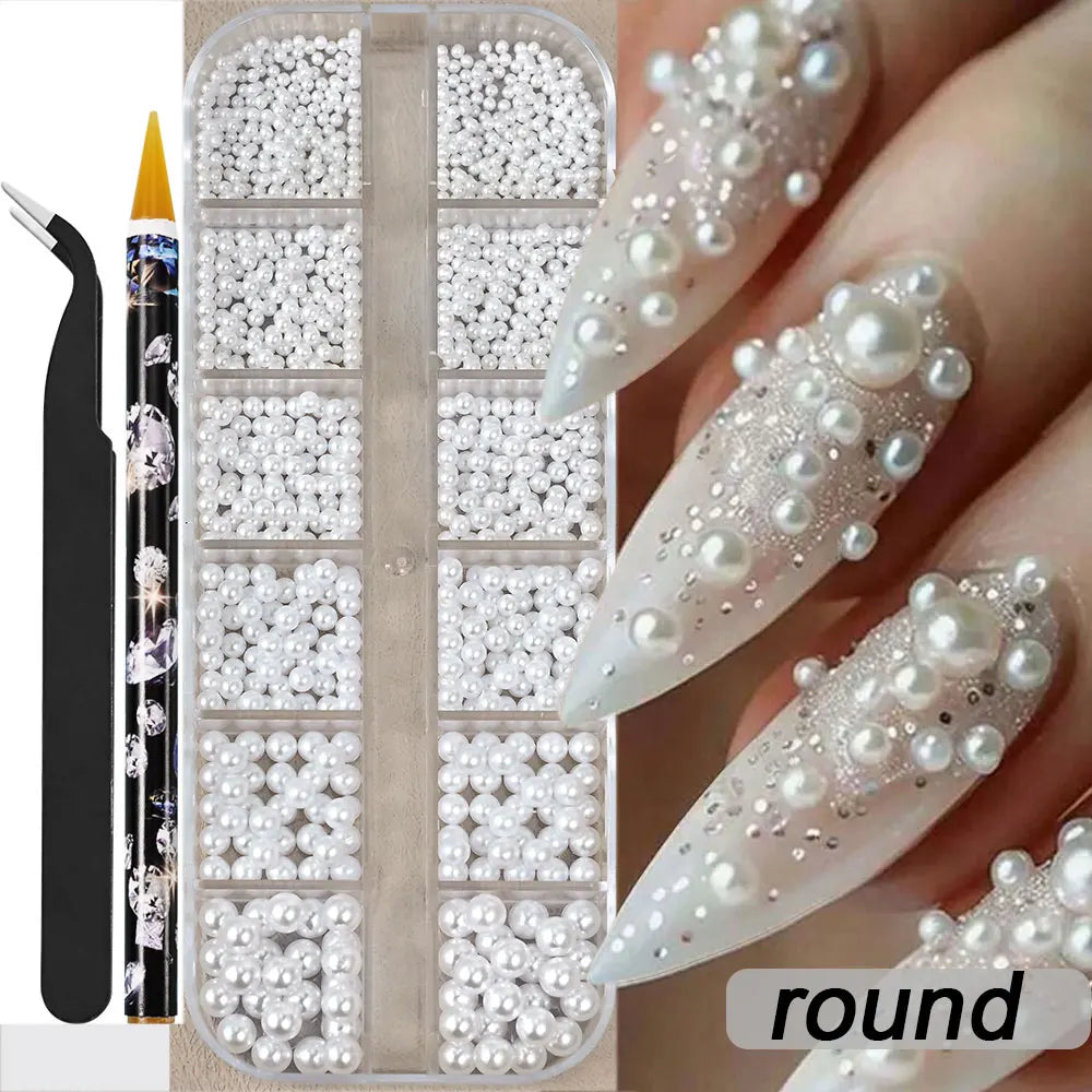 12grids Half Round Pearls Beads 3D Nail Charms 1.5/2/2.5/3/4/5mm White Flatback Pearls Nail Jewelry Nail Craft Pearl Rhinestones