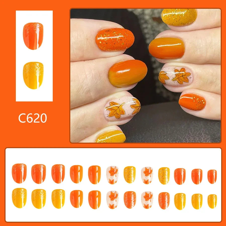 24pcs Autumn&Winter Press-On Nails Set-Glossy Short Oval Golden Brown&Fire Red Maple Leaf Design Full Cover Fake Nails For Women