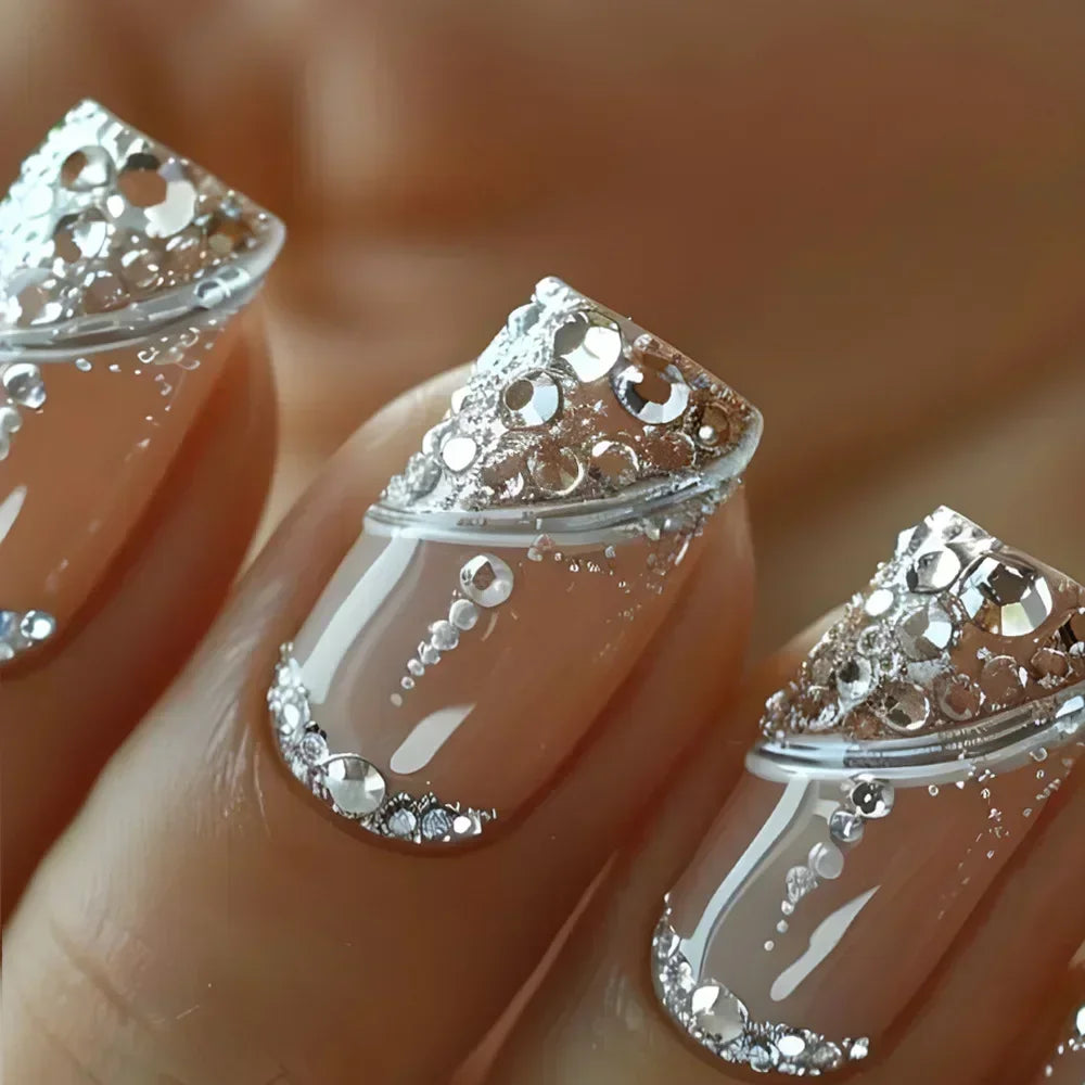 24Pcs Short Square Press on Nails Gradient Glitter False Nails French Tip Lines Acrylic Nails Full Cover Wearable Fake Nail Tips