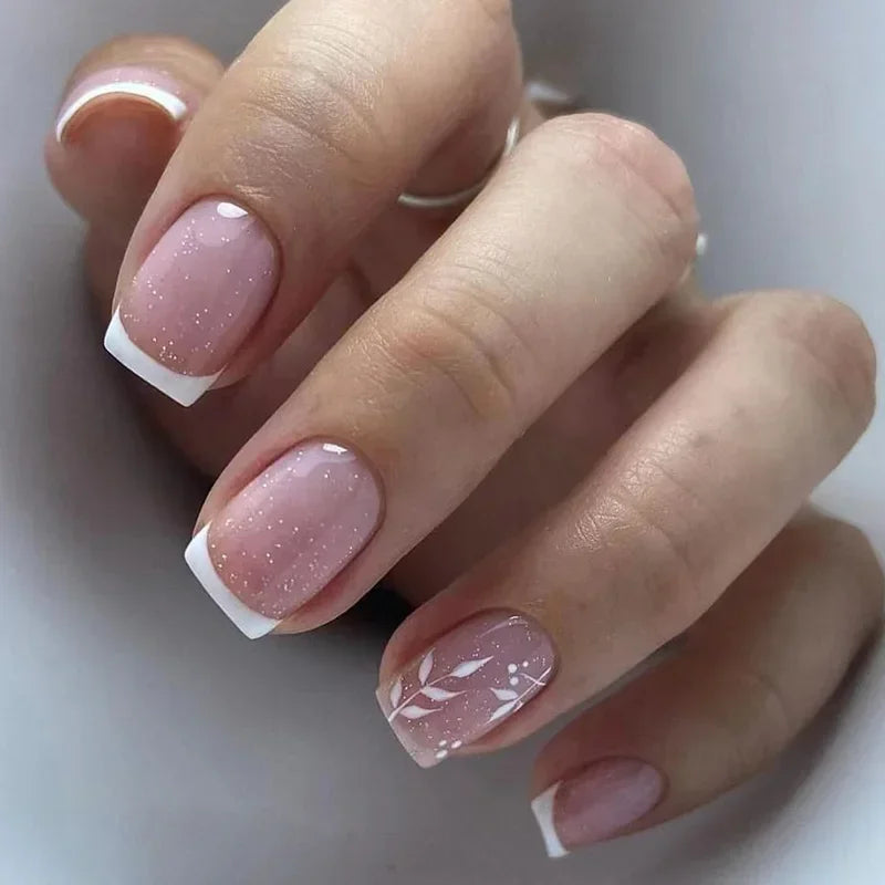 24PCS Shiny Pearl Wearable False Nails Short Square Fake Nail Simple Press on Nails Detachable Full Cover Nail Tips With Glue