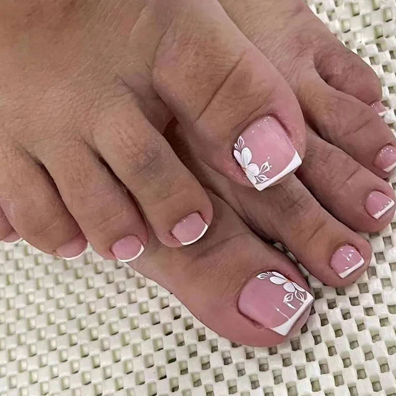 24Pcs False Toes Nails French Square Nude Color Nature Fake Toe Nails Feet Nail Tips Artificial Press On Toenails for Women 2025