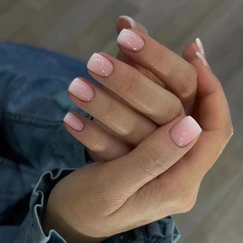 24Pcs White Ice Camellia Short False Nails Art Light Pink Sweet Girls Acrylic Press on Nails Full Cover Removable Fake Nail Set