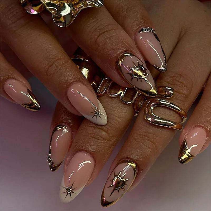 24Pcs Simple French Fake Nails with Almond Head Design Detachable 3D Irregular Star Pattern Press on False Nails Manicure Tools