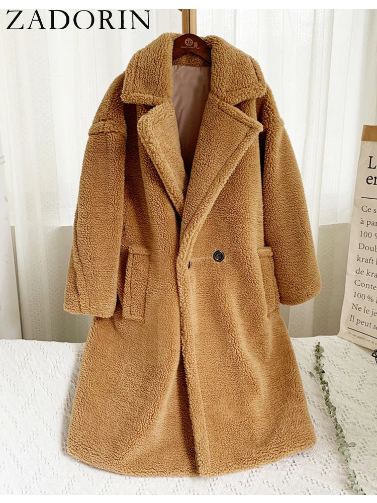 ZADORIN Winter Thick Warm Solid Teddy Coat Women High Street Oversized Pink Faux Lamb Fur Coat Ladies Long Faux Fur Jacket