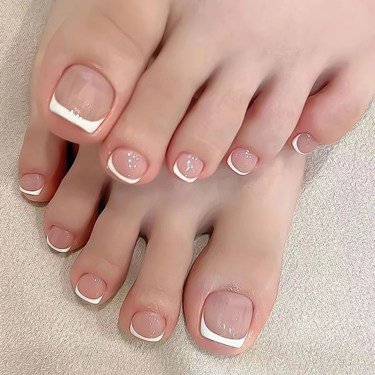 24Pcs False Toes Nails French Square Nude Color Nature Fake Toe Nails Feet Nail Tips Artificial Press On Toenails for Women 2025